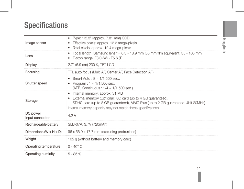 Specifications, English | Samsung EC-TL90ZZBPBUS User Manual | Page 11 / 22