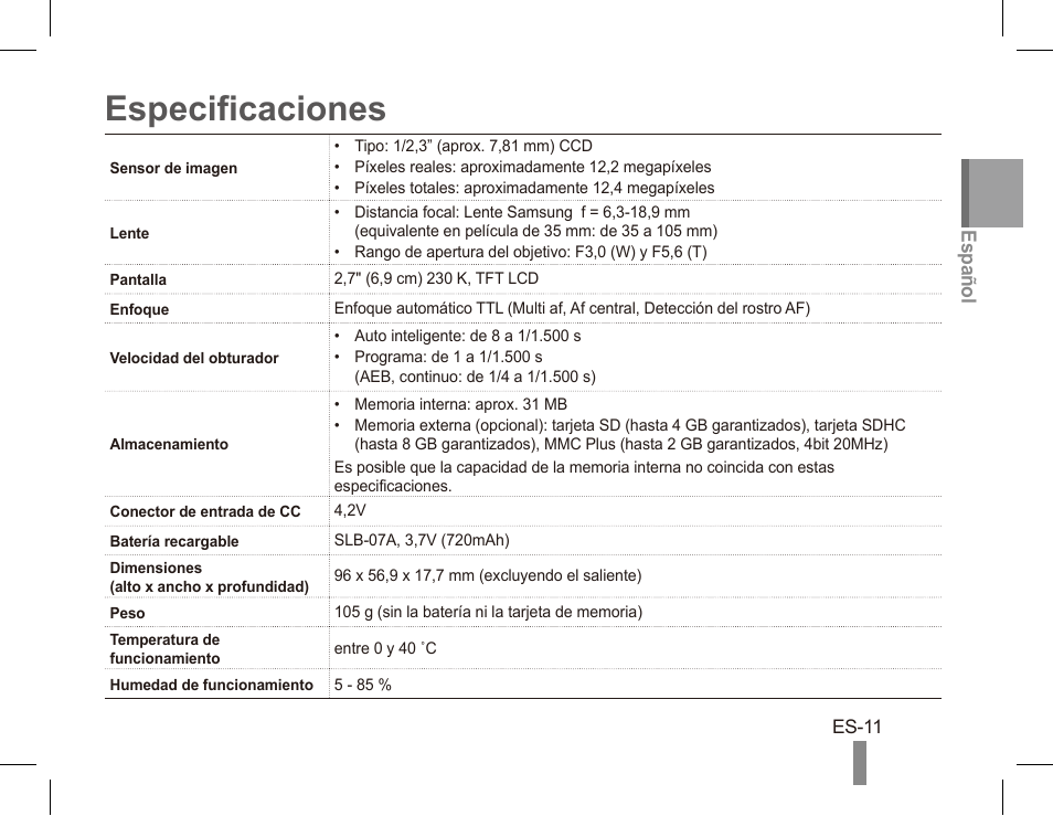 Especificaciones | Samsung EC-TL90ZZBPBUS User Manual | Page 21 / 22