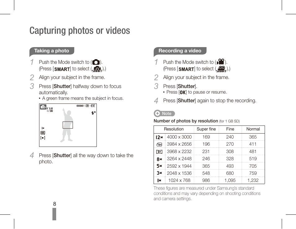 Capturing photos or videos | Samsung EC-TL90ZZBPBUS User Manual | Page 8 / 22