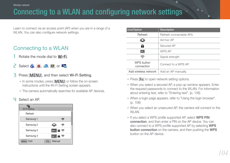 Connecting to a wlan | Samsung EV-NX20ZZBSBUS User Manual | Page 105 / 188