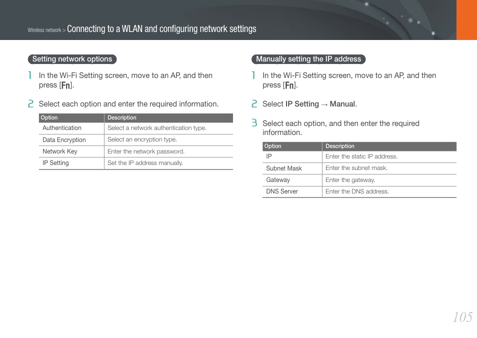 Setting network options, Manually setting the ip address | Samsung EV-NX20ZZBSBUS User Manual | Page 106 / 188