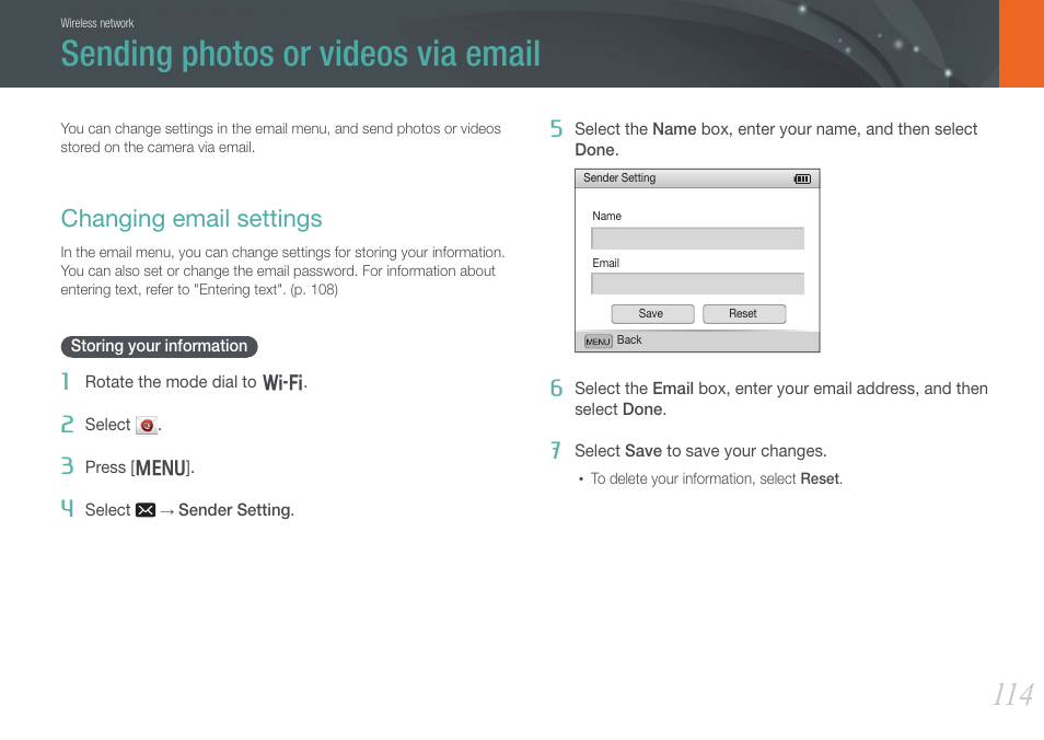 Sending photos or videos via email, Changing email settings, Storing your information | Samsung EV-NX20ZZBSBUS User Manual | Page 115 / 188