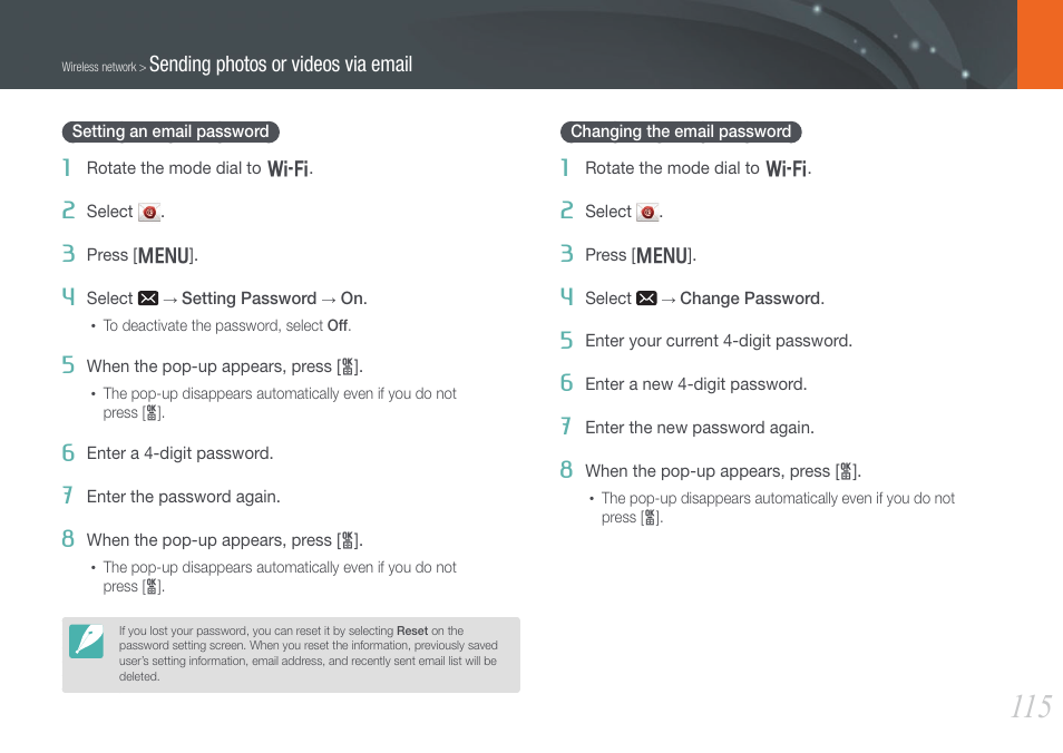 Setting an email password, Changing the email password | Samsung EV-NX20ZZBSBUS User Manual | Page 116 / 188