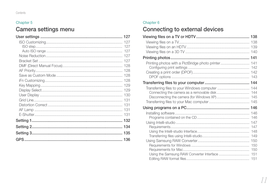 Connecting to external devices, Camera settings menu | Samsung EV-NX20ZZBSBUS User Manual | Page 12 / 188