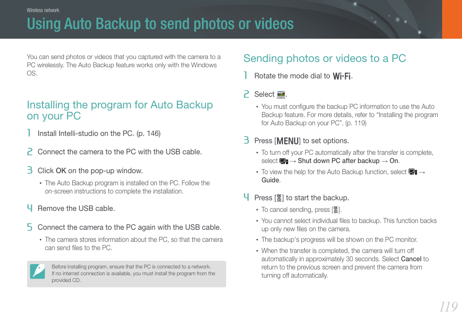 Using auto backup to send photos or videos, Installing the program for auto backup on your pc, Sending photos or videos to a pc | Samsung EV-NX20ZZBSBUS User Manual | Page 120 / 188