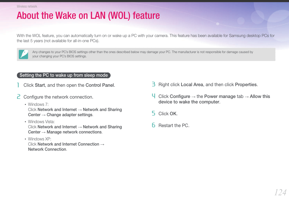 About the wake on lan (wol) feature, Setting the pc to wake up from sleep mode | Samsung EV-NX20ZZBSBUS User Manual | Page 125 / 188