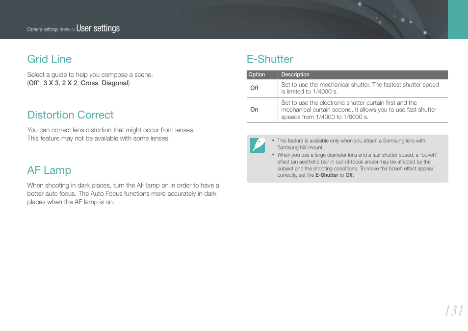 Grid line, Distortion correct, Af lamp | E-shutter, Grid line distortion correct af lamp e-shutter, User settings | Samsung EV-NX20ZZBSBUS User Manual | Page 132 / 188