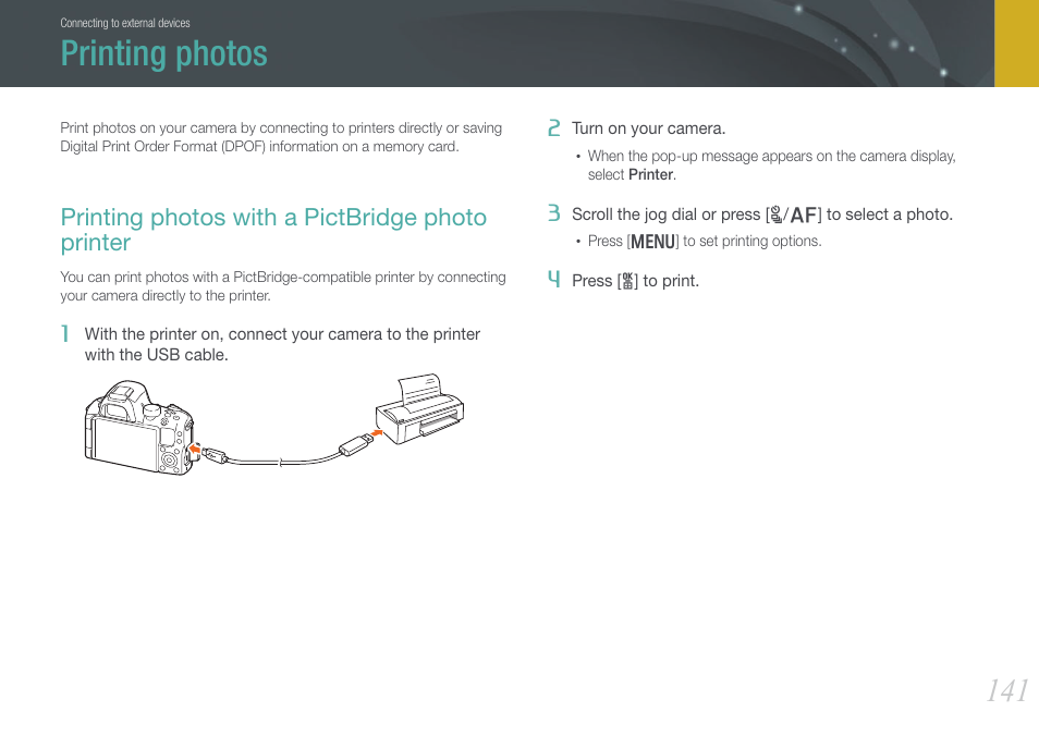 Printing photos, Printing photos with a pictbridge photo printer | Samsung EV-NX20ZZBSBUS User Manual | Page 142 / 188