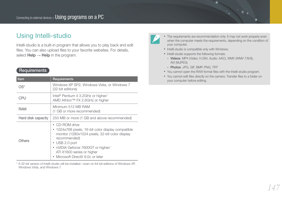 Using intelli-studio, Requirements, Using programs on a pc | Samsung EV-NX20ZZBSBUS User Manual | Page 148 / 188