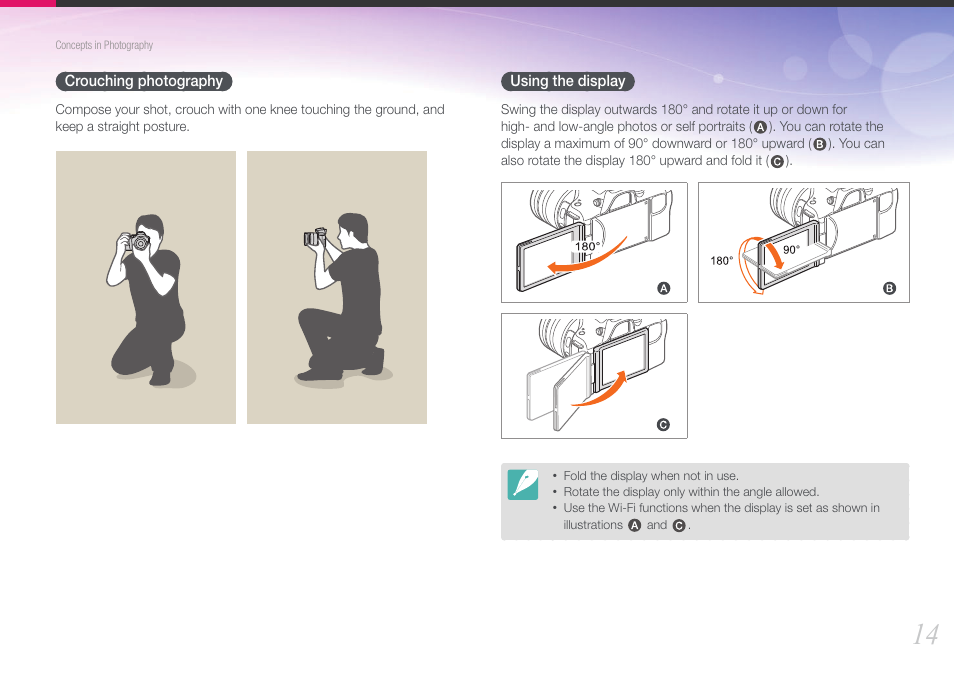 Crouching photography, Using the display, Crouching photography using the display | Samsung EV-NX20ZZBSBUS User Manual | Page 15 / 188