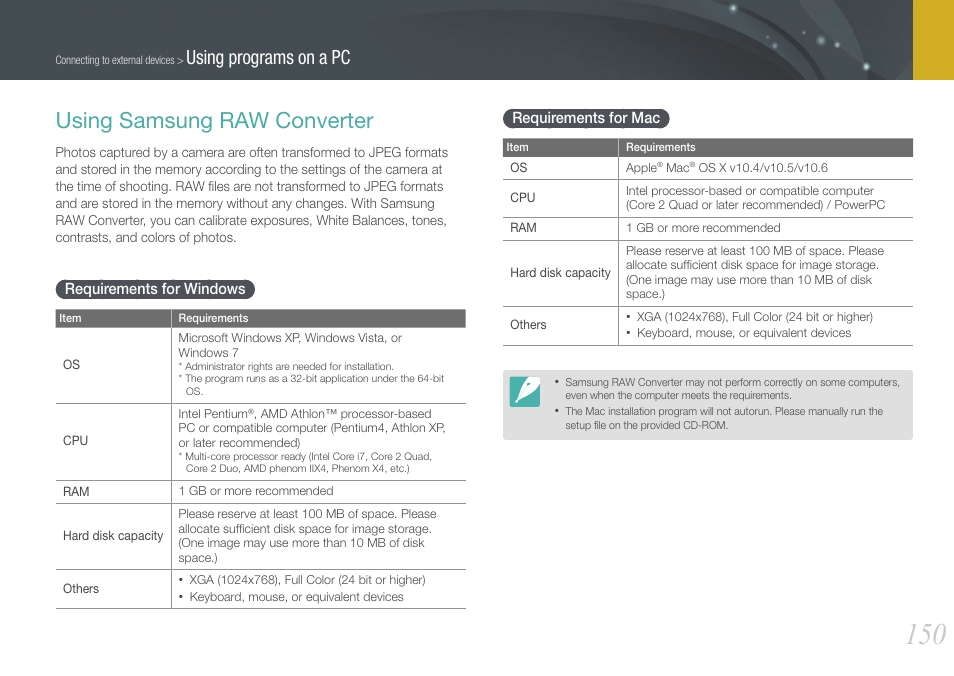 Using samsung raw converter, Requirements for windows, Requirements for mac | Requirements for windows requirements for mac, Using programs on a pc | Samsung EV-NX20ZZBSBUS User Manual | Page 151 / 188