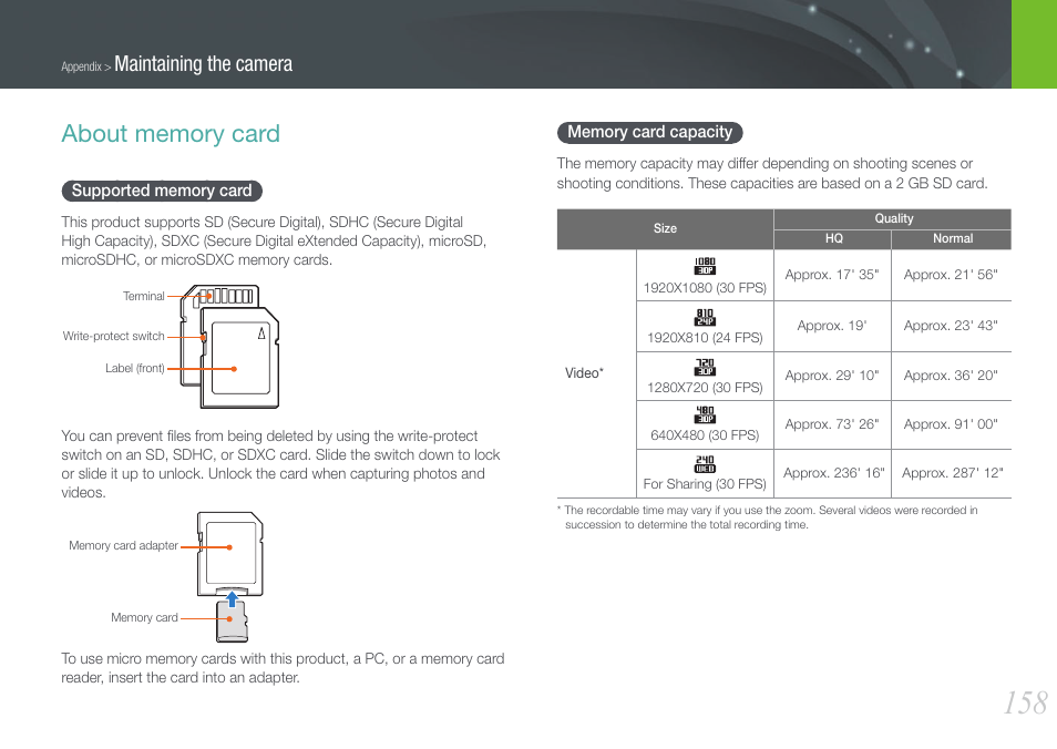 About memory card, Supported memory card, Memory card capacity | Supported memory card memory card capacity, Maintaining the camera | Samsung EV-NX20ZZBSBUS User Manual | Page 159 / 188