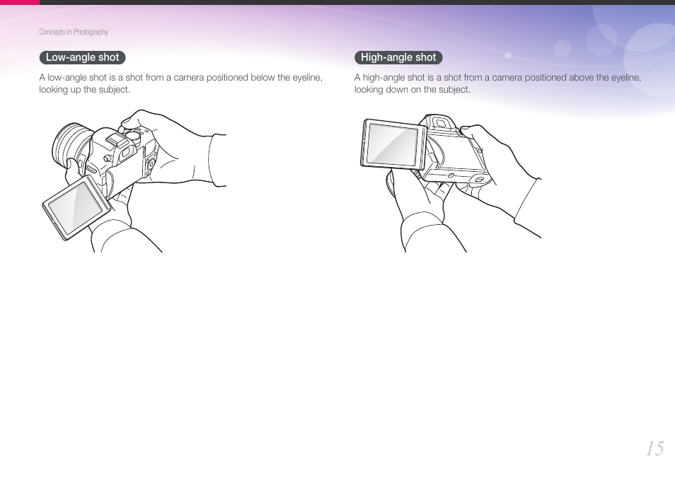 Low-angle shot, High-angle shot, Low-angle shot high-angle shot | Samsung EV-NX20ZZBSBUS User Manual | Page 16 / 188