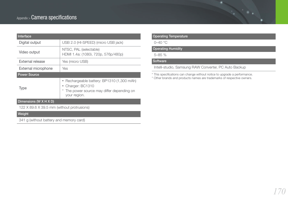 Camera speciﬁcations | Samsung EV-NX20ZZBSBUS User Manual | Page 171 / 188