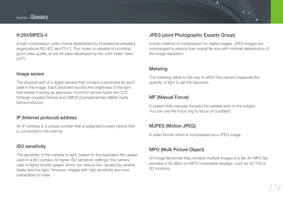Glossary | Samsung EV-NX20ZZBSBUS User Manual | Page 175 / 188