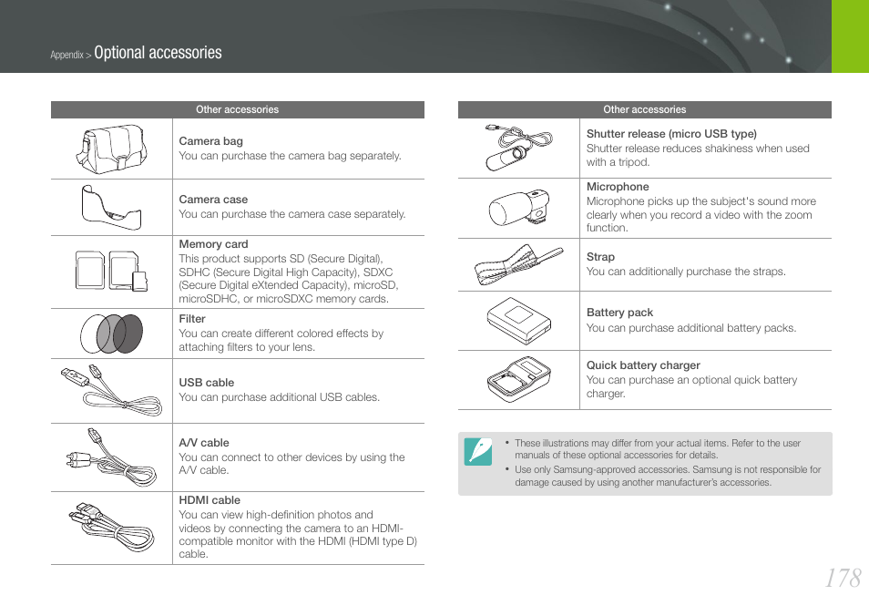 Optional accessories | Samsung EV-NX20ZZBSBUS User Manual | Page 179 / 188