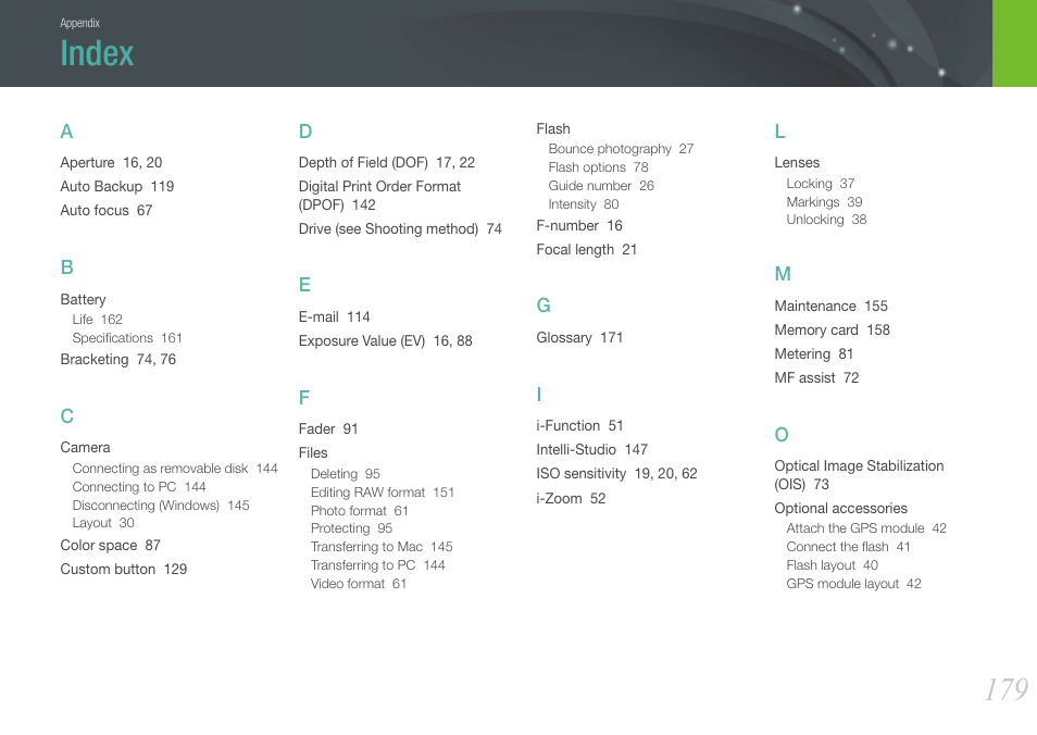 Index | Samsung EV-NX20ZZBSBUS User Manual | Page 180 / 188