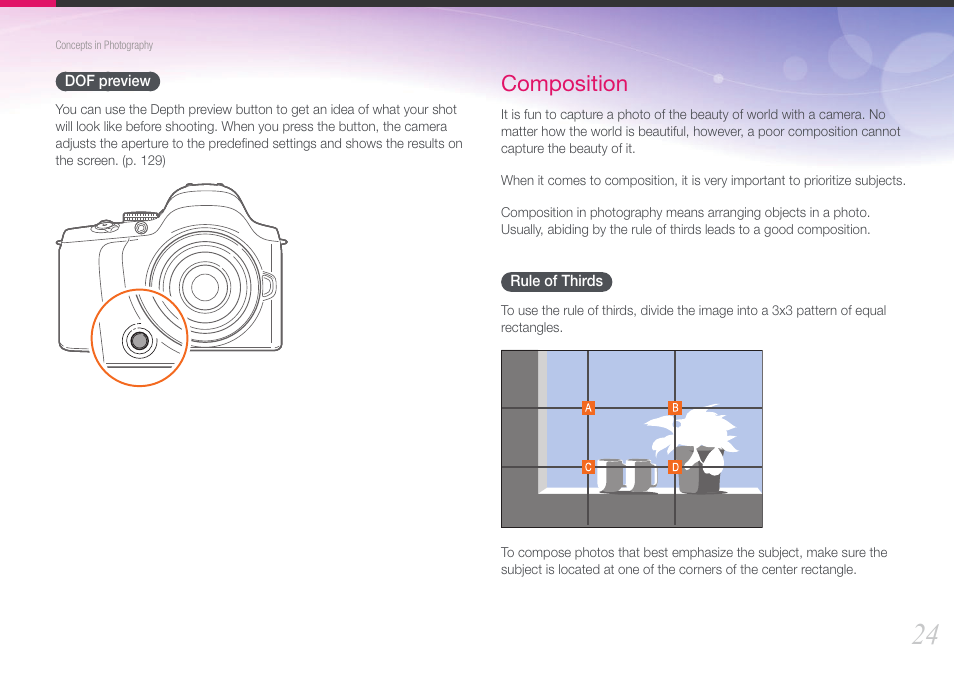 Dof preview, Composition, Rule of thirds | Samsung EV-NX20ZZBSBUS User Manual | Page 25 / 188