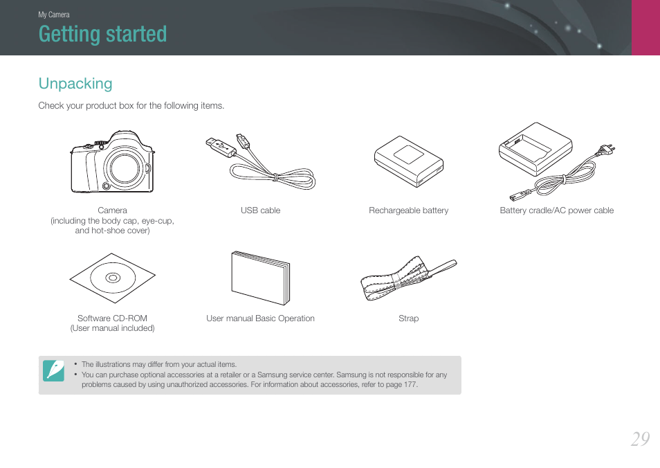 Getting started, Unpacking | Samsung EV-NX20ZZBSBUS User Manual | Page 30 / 188