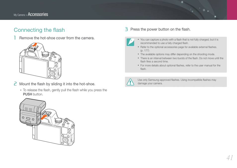 Connecting the flash, Connecting the ﬂash, Accessories | Samsung EV-NX20ZZBSBUS User Manual | Page 42 / 188