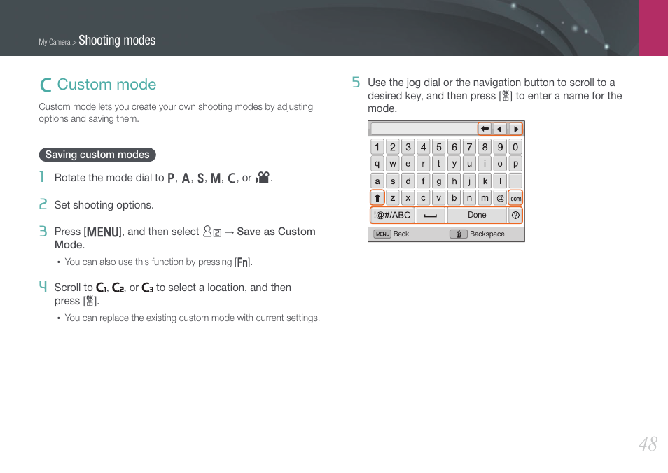Custom mode, Saving custom modes, T custom mode | Samsung EV-NX20ZZBSBUS User Manual | Page 49 / 188