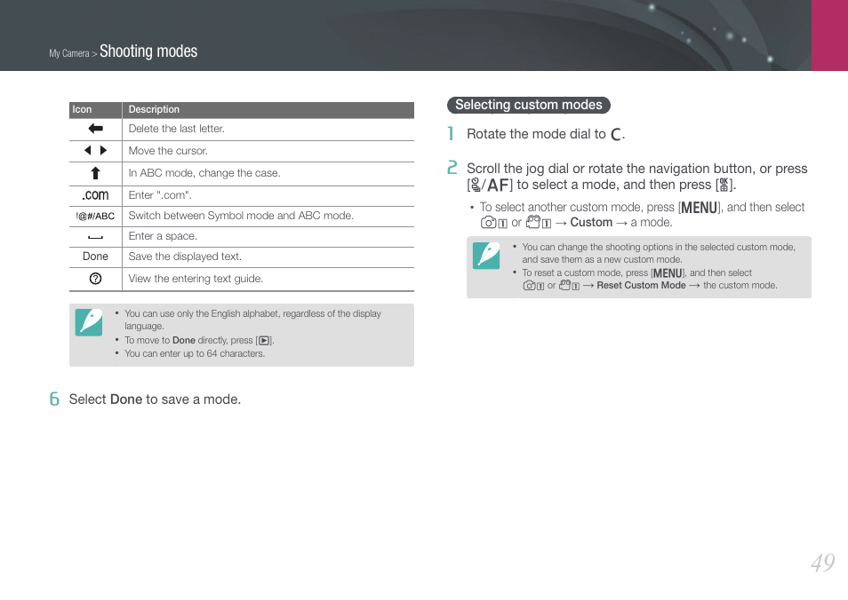 Selecting custom modes, Shooting modes | Samsung EV-NX20ZZBSBUS User Manual | Page 50 / 188