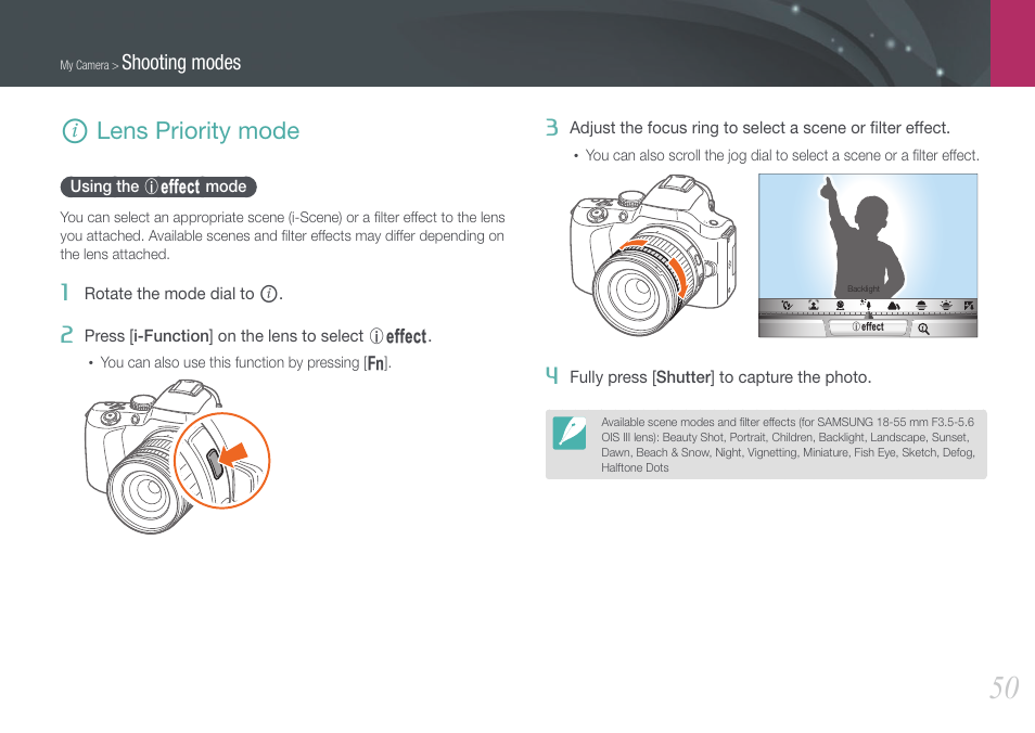 Lens priority mode, Using the i-effect mode, I lens priority mode | Using the, E mode, Shooting modes | Samsung EV-NX20ZZBSBUS User Manual | Page 51 / 188
