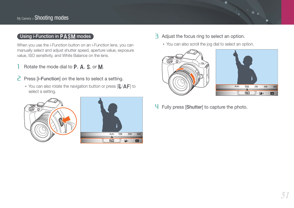 Using i-function in pasm modes, Using i-function in, Pasm modes | Shooting modes | Samsung EV-NX20ZZBSBUS User Manual | Page 52 / 188