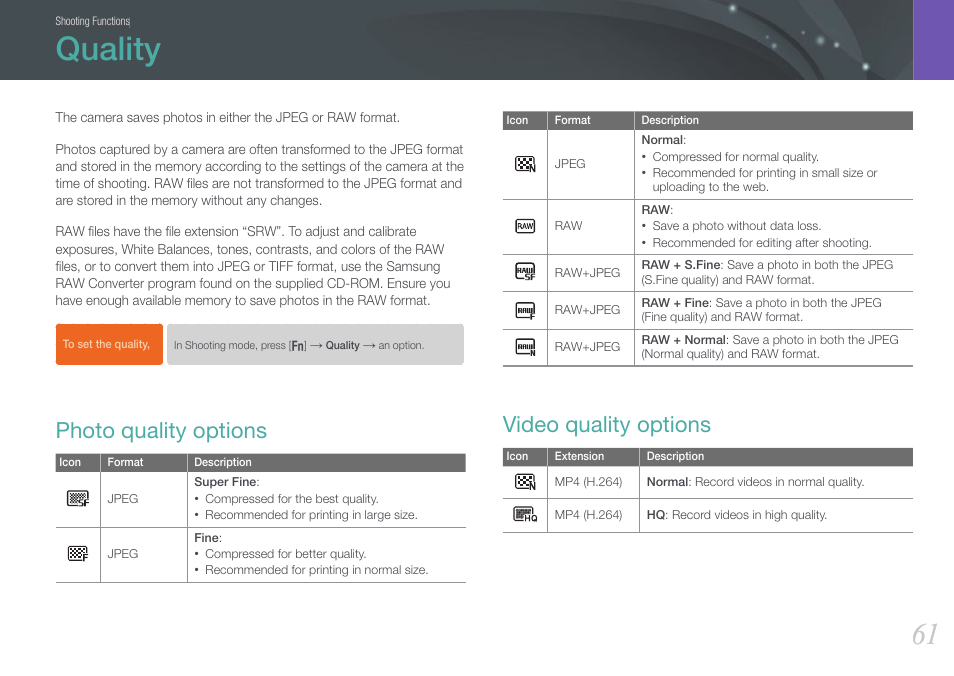 Quality, Photo quality options, Video quality options | Photo quality options video quality options | Samsung EV-NX20ZZBSBUS User Manual | Page 62 / 188