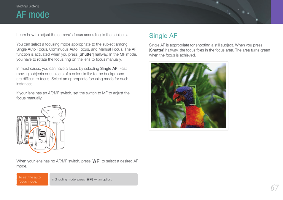 Af mode, Single af | Samsung EV-NX20ZZBSBUS User Manual | Page 68 / 188