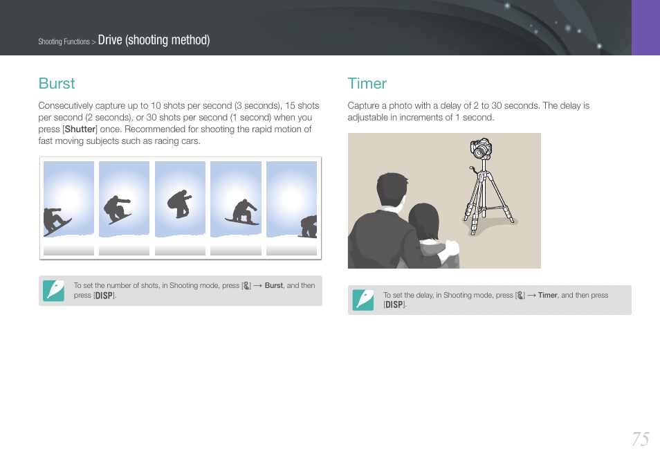 Burst, Timer, Burst timer | Drive (shooting method) | Samsung EV-NX20ZZBSBUS User Manual | Page 76 / 188