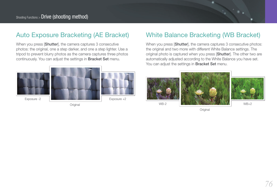 Auto exposure bracketing (ae bracket), White balance bracketing (wb bracket), Drive (shooting method) | Samsung EV-NX20ZZBSBUS User Manual | Page 77 / 188