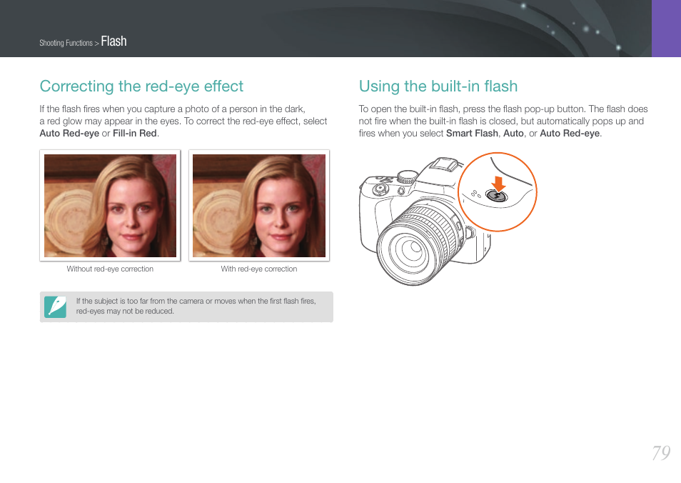 Correcting the red-eye effect, Using the built-in flash, Using the built-in ﬂash | Samsung EV-NX20ZZBSBUS User Manual | Page 80 / 188