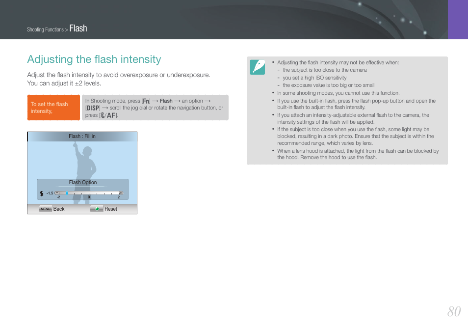 Adjusting the flash intensity, Adjusting the ﬂash intensity, Flash | Samsung EV-NX20ZZBSBUS User Manual | Page 81 / 188