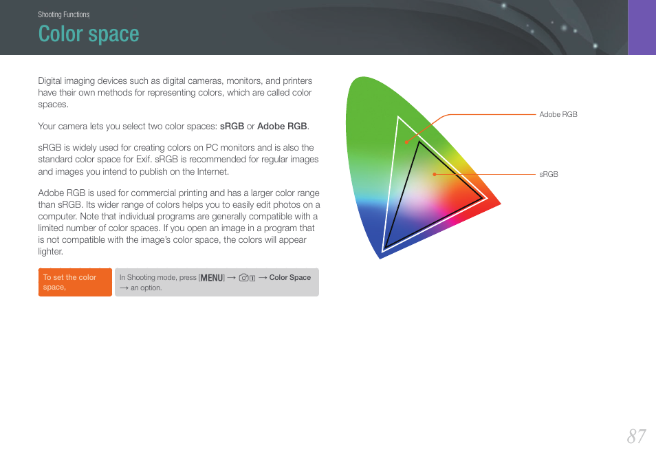 Color space | Samsung EV-NX20ZZBSBUS User Manual | Page 88 / 188