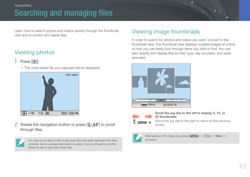 Searching and managing files, Viewing photos, Viewing image thumbnails | Searching and managing ﬁles, Viewing photos viewing image thumbnails | Samsung EV-NX20ZZBSBUS User Manual | Page 94 / 188