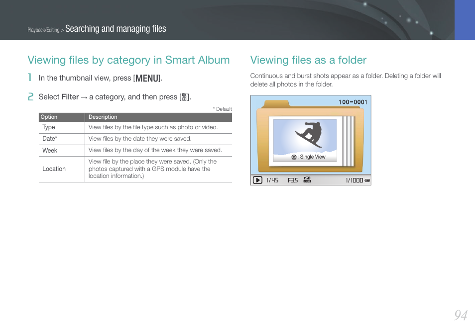 Viewing files by category in smart album, Viewing files as a folder, Viewing ﬁles by category in smart album | Viewing ﬁles as a folder, Searching and managing ﬁles | Samsung EV-NX20ZZBSBUS User Manual | Page 95 / 188