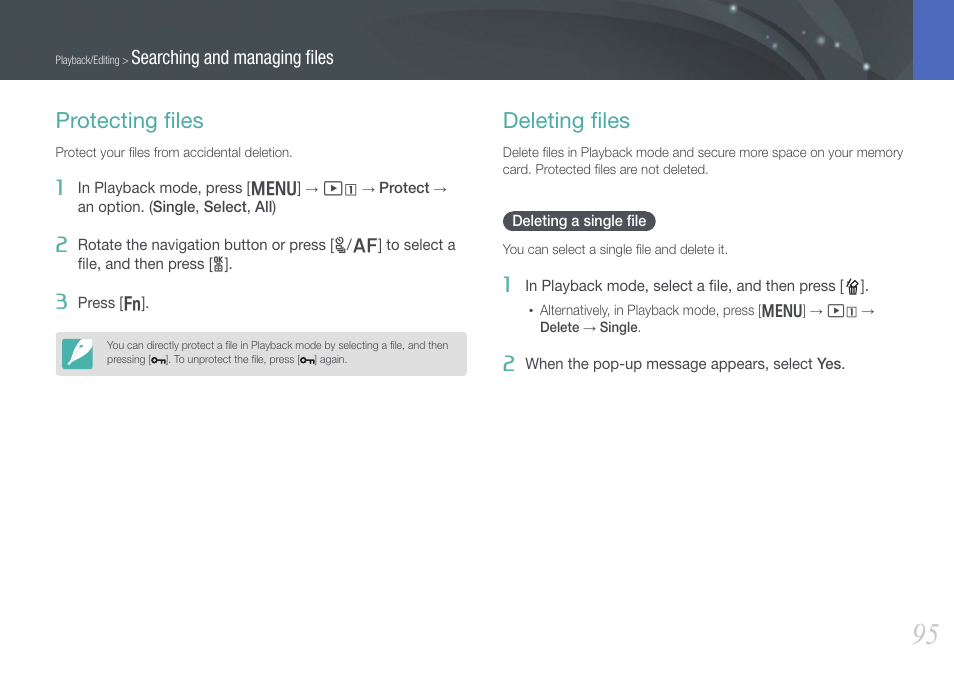 Protecting files, Deleting files, Deleting a single file | Protecting ﬁles deleting ﬁles, Deleting a single ﬁle, Protecting ﬁles, Deleting ﬁles, Searching and managing ﬁles | Samsung EV-NX20ZZBSBUS User Manual | Page 96 / 188