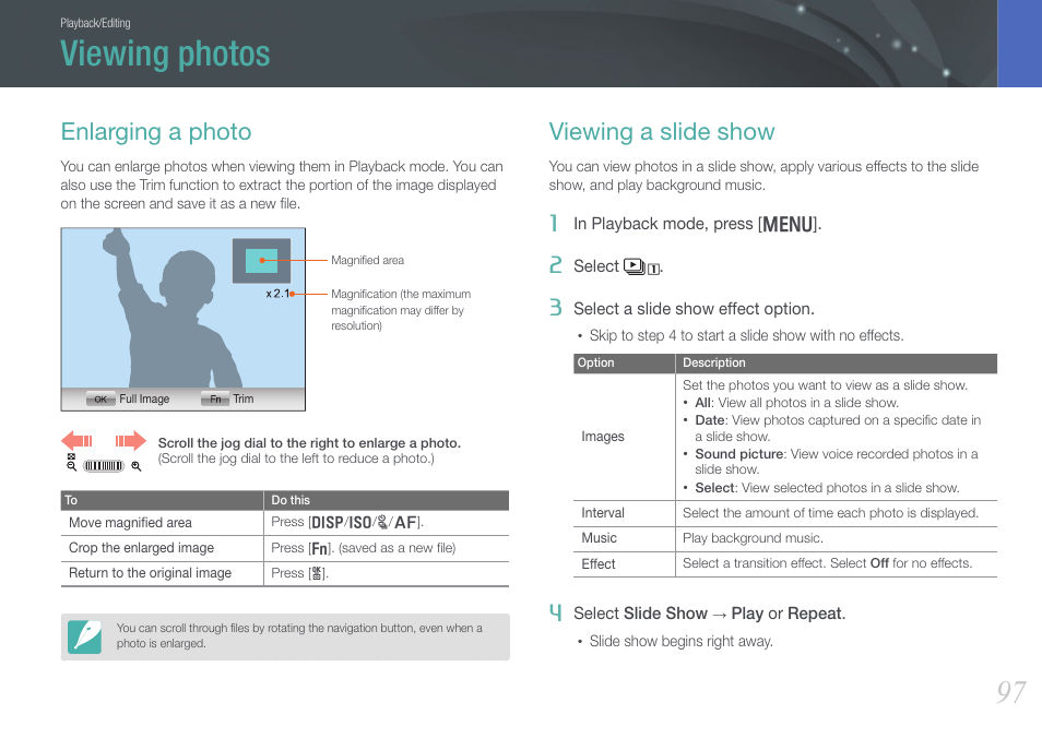 Viewing photos, Enlarging a photo, Viewing a slide show | Enlarging a photo viewing a slide show | Samsung EV-NX20ZZBSBUS User Manual | Page 98 / 188