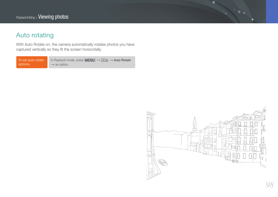 Auto rotating, Viewing photos | Samsung EV-NX20ZZBSBUS User Manual | Page 99 / 188