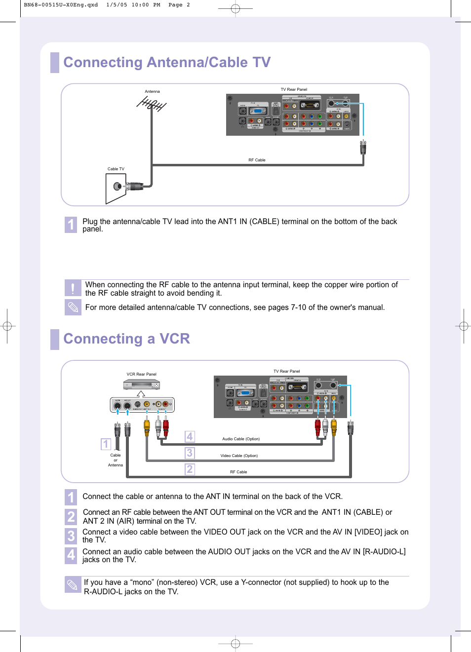 Connecting antenna/cable tv 1, 1 2 3 4 connecting a vcr | Samsung LNR408DX-XAC User Manual | Page 2 / 10