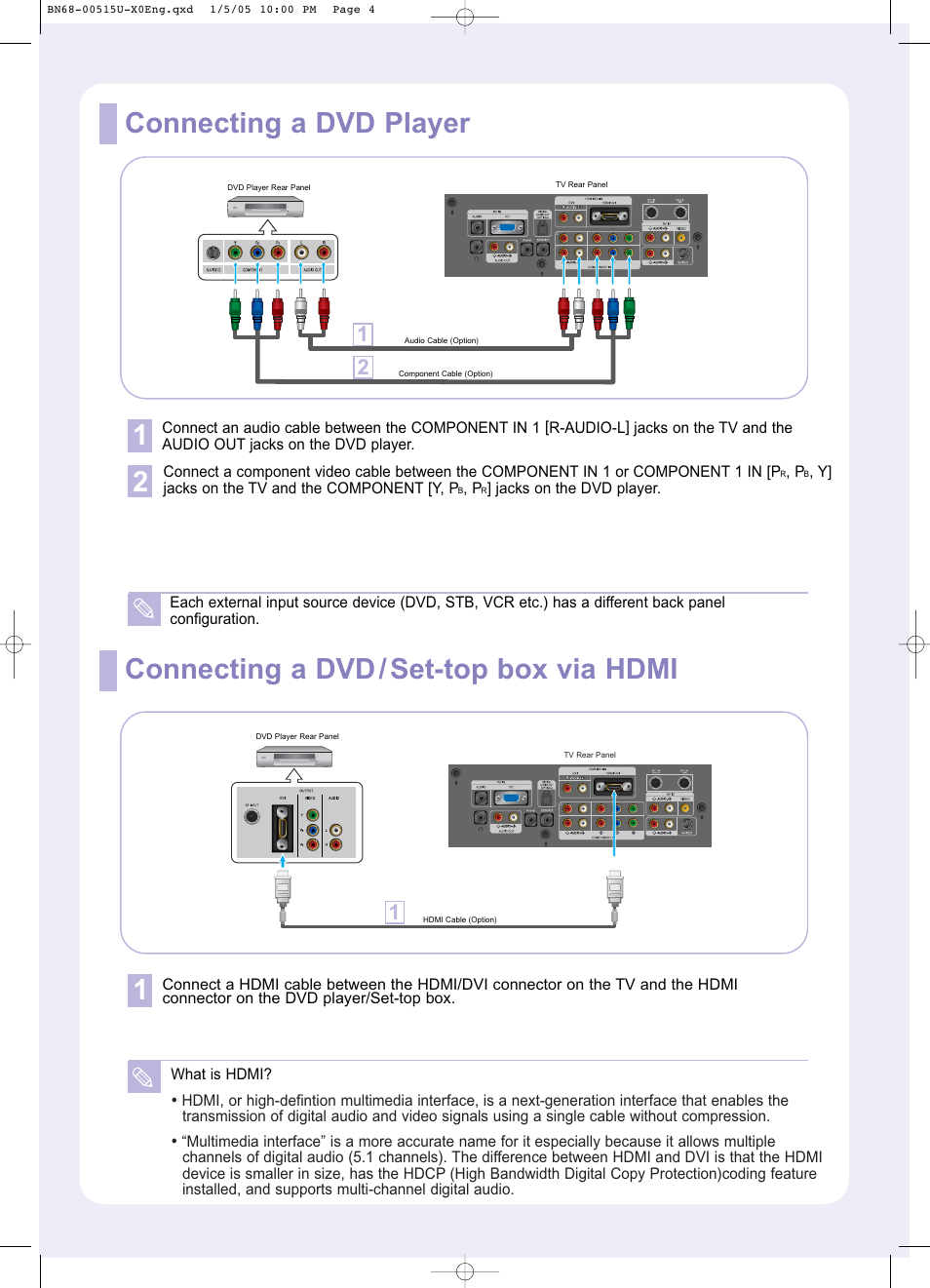 Connecting a dvd player 1 2, Connecting a dvd / set-top box via hdmi 1 | Samsung LNR408DX-XAC User Manual | Page 4 / 10