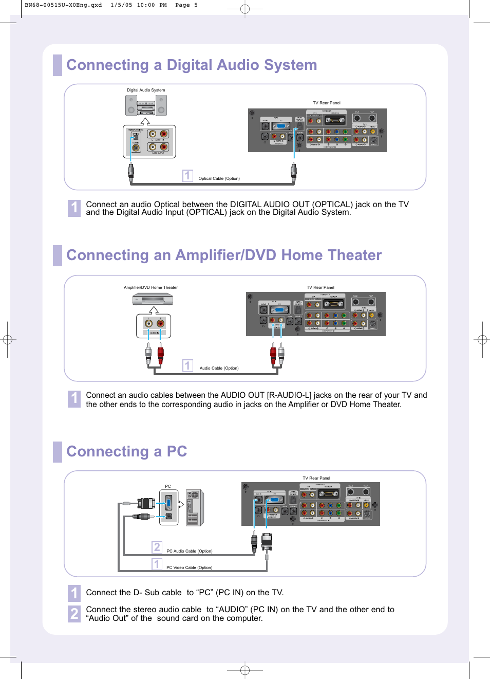 Connecting a pc 1 2, Connecting a digital audio system 1, Connecting an amplifier/dvd home theater 1 | Samsung LNR408DX-XAC User Manual | Page 5 / 10
