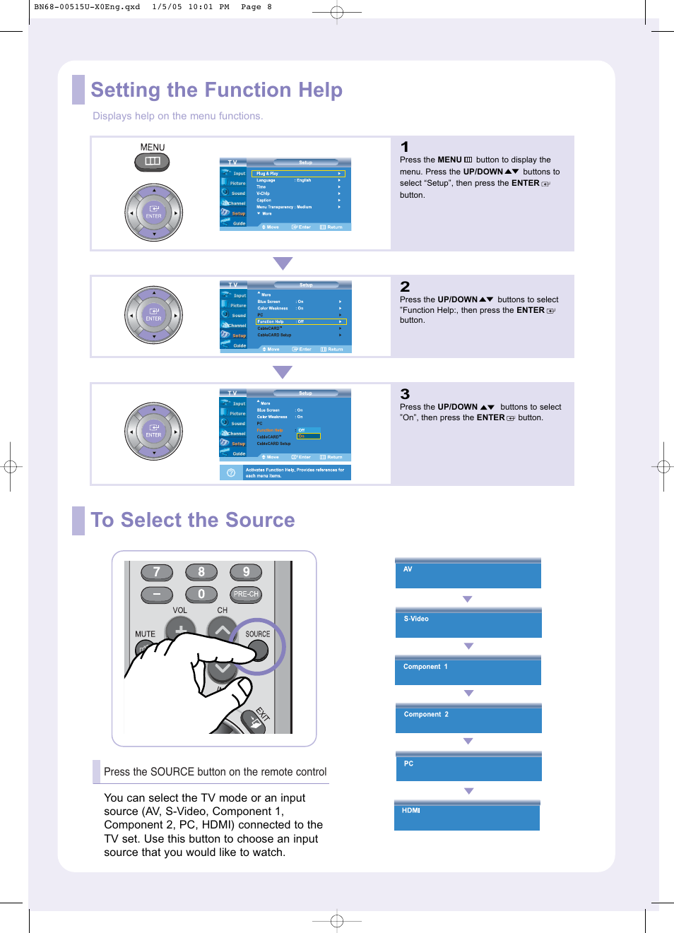 Setting the function help | Samsung LNR408DX-XAC User Manual | Page 8 / 10