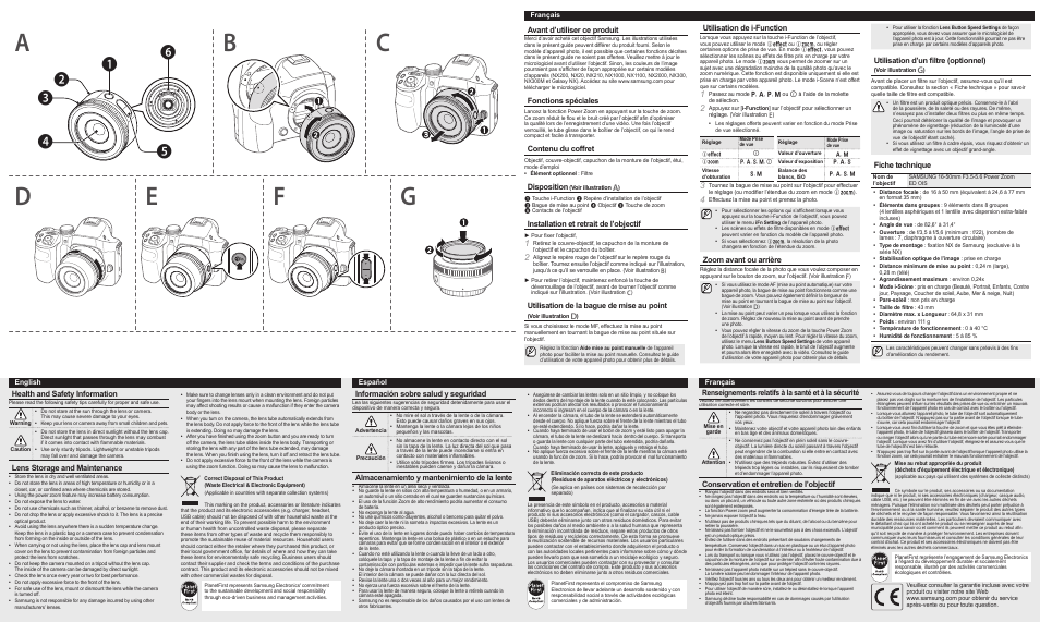 Avant d’utiliser ce produit, Fonctions spéciales, Contenu du coffret | Disposition, Installation et retrait de l’objectif, Utilisation de la bague de mise au point, Utilisation de i-function, Zoom avant ou arrière, Health and safety information, Lens storage and maintenance | Samsung EX-ZP1650ZABUS User Manual | Page 2 / 2