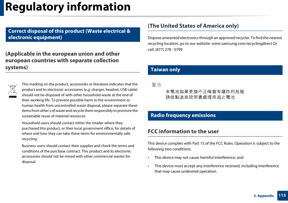Regulatory information, Fcc information to the user, Taiwan only | Radio frequency emissions | Samsung CLP-415NW-XAA User Manual | Page 114 / 270