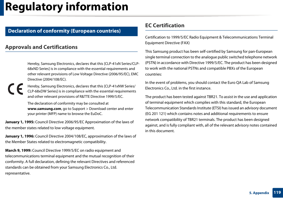 Regulatory information, Approvals and certifications, Ec certification | Declaration of conformity (european countries) | Samsung CLP-415NW-XAA User Manual | Page 118 / 270