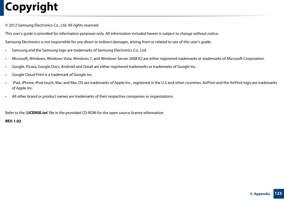 Copyright | Samsung CLP-415NW-XAA User Manual | Page 122 / 270