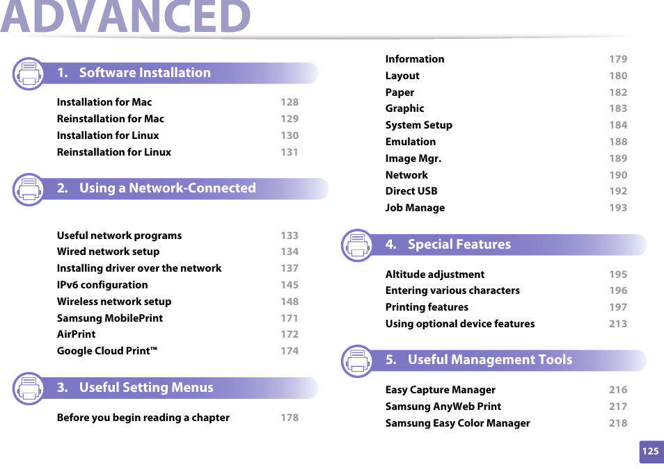 Advanced, Software installation, Using a network-connected machine | Useful setting menus, Special features, Useful management tools | Samsung CLP-415NW-XAA User Manual | Page 124 / 270