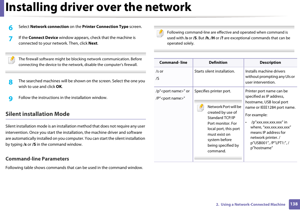 Installing driver over the network, Silent installation mode | Samsung CLP-415NW-XAA User Manual | Page 137 / 270
